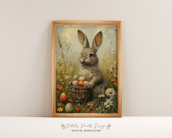 Grey Bunny with Basket of Easter Eggs Vintage Spring Painting Poster