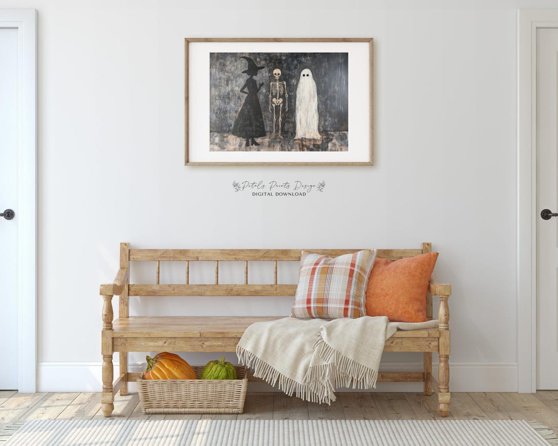 Spooky Halloween Trio Witch Skeleton Ghost Dark Painting Poster - Image 3