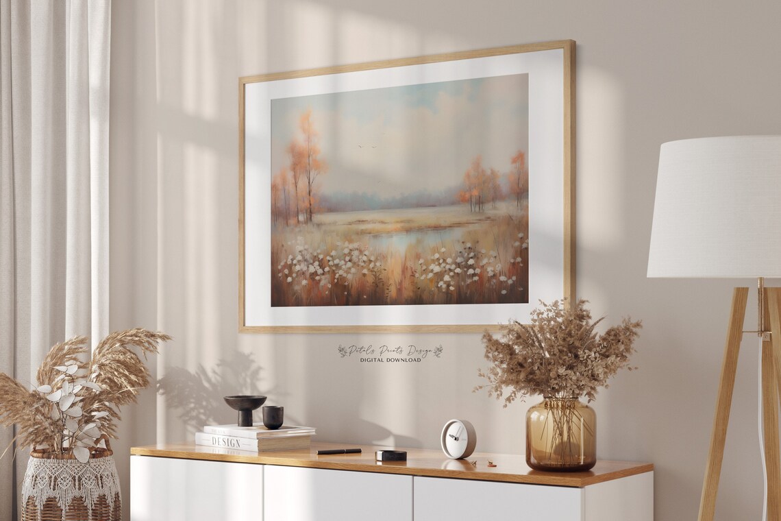 Autumn Field Orange Trees Wildflowers Birds Vintage Landscape Poster - Image 2
