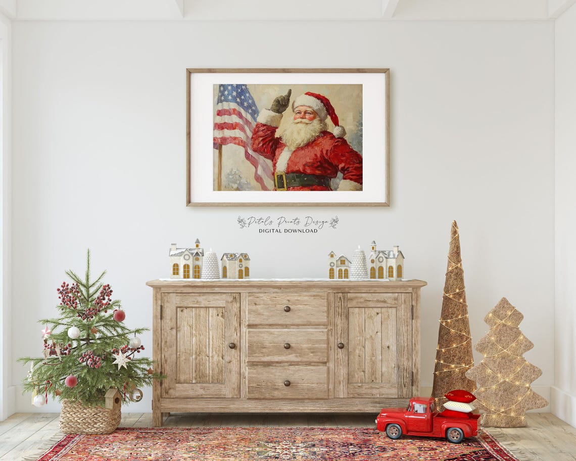 Santa Claus Tipping His Hat Beside American Flag Patriotic Art Poster - Image 2