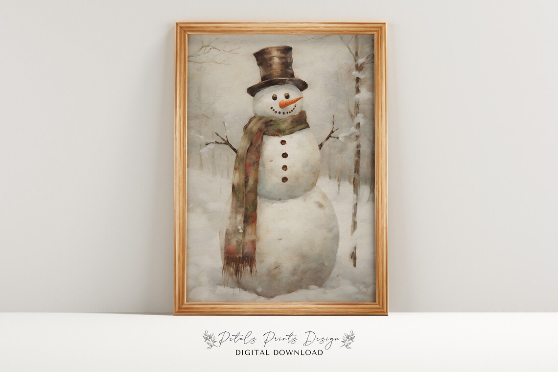 Vintage Snowman Painting, Rustic Christmas Poster