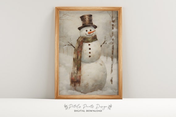 Vintage Snowman Painting, Rustic Christmas Poster
