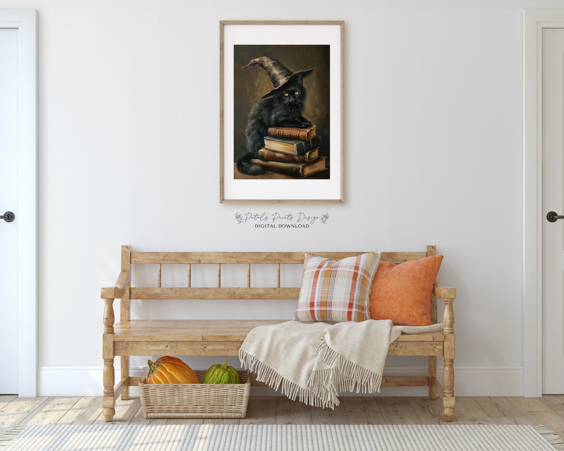 Sleepy Black Cat In Witch Hat Lying On Old Books Halloween Poster - Image 3