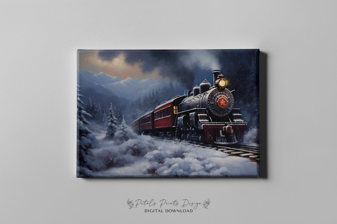 Vintage Steam Train Snowy Mountain Night Winter Landscape Poster - Image 4