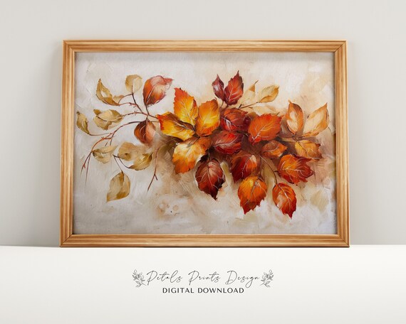 Elegant Autumn Branch Golden Rust Leaves Botanical Fall Art Print