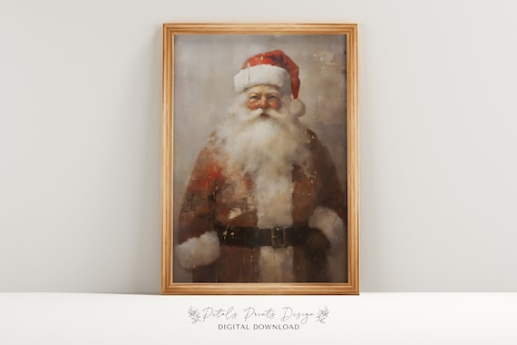 Vintage Santa Still Life Painting, Rustic Christmas Art