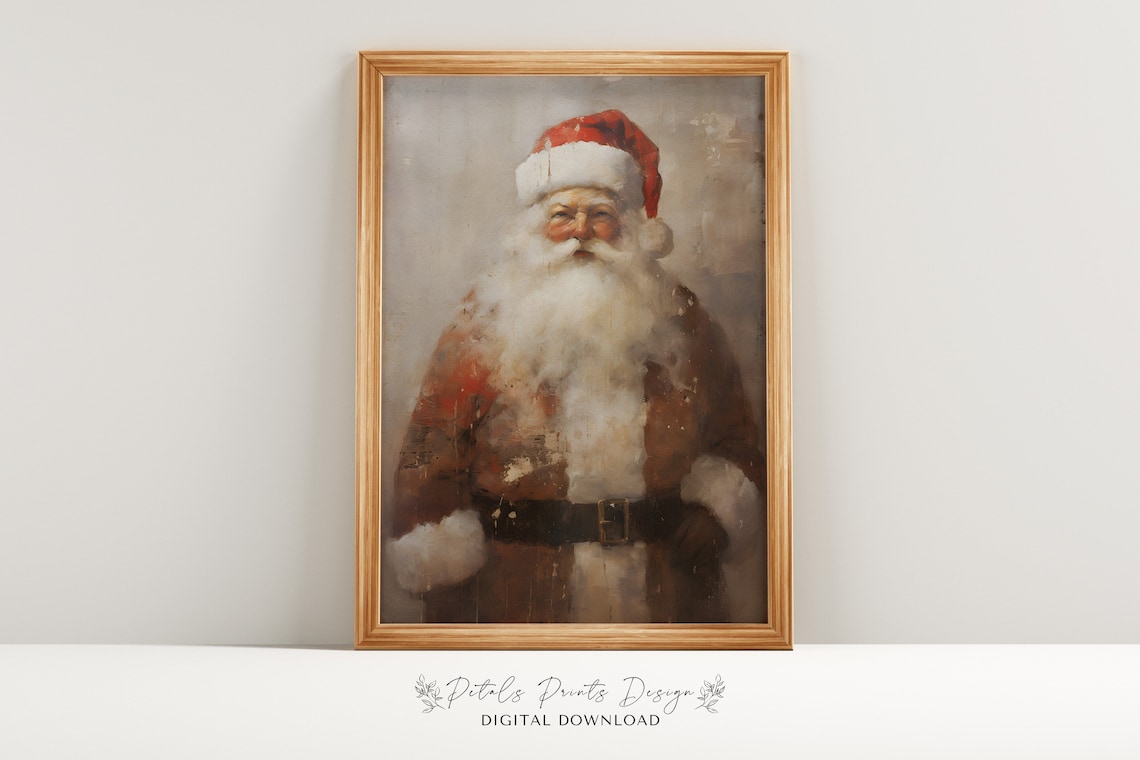 Vintage Santa Still Life Painting, Rustic Christmas Art