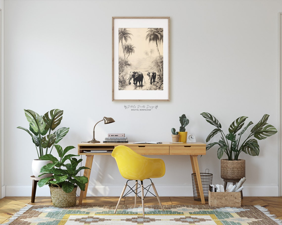 Elephants Walking in Water Monochrome Jungle Palms Wildlife Poster - Image 2
