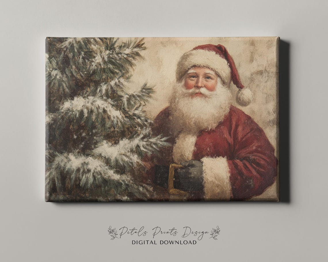 Santa Claus Beside Snowy Pine Tree Rustic Vintage Christmas Art Poster - Image 4
