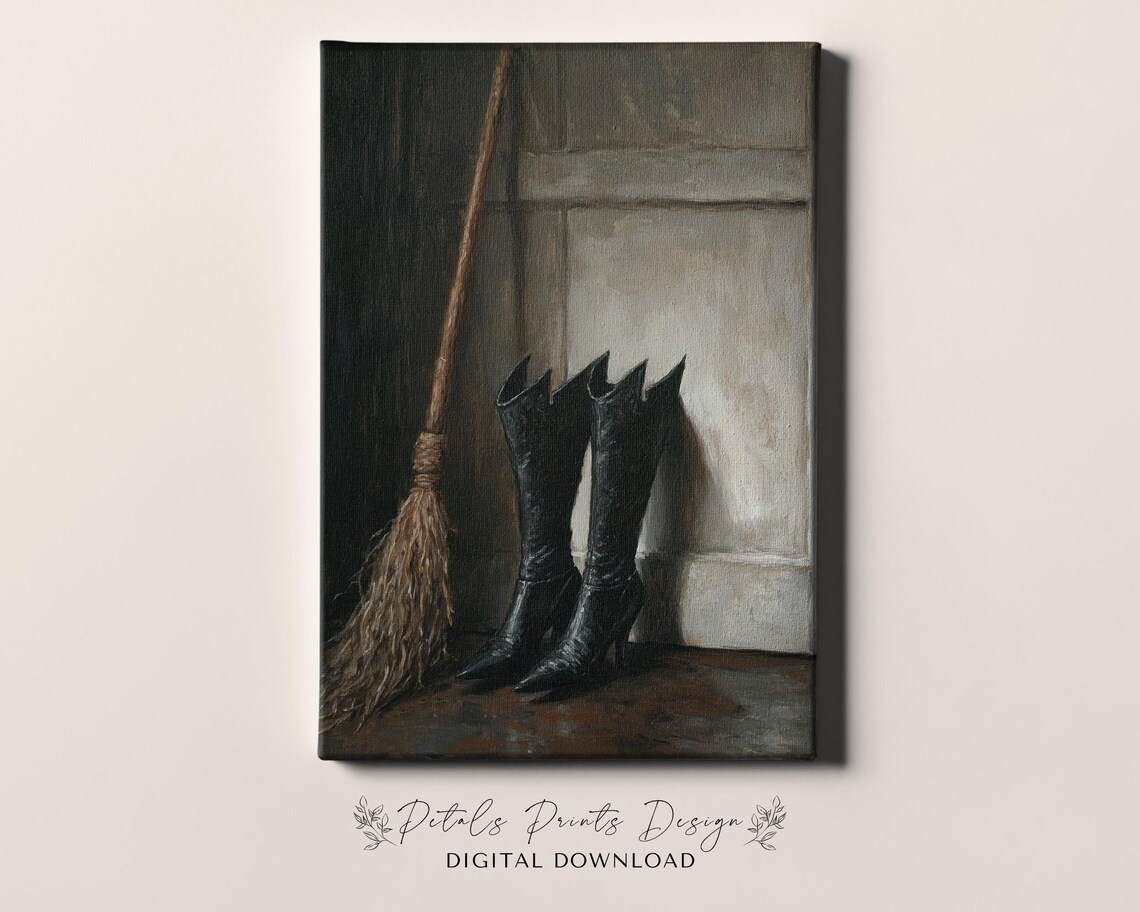 Witch Boots and Broomstick by Doorway Vintage Halloween Still Life Poster - Image 4