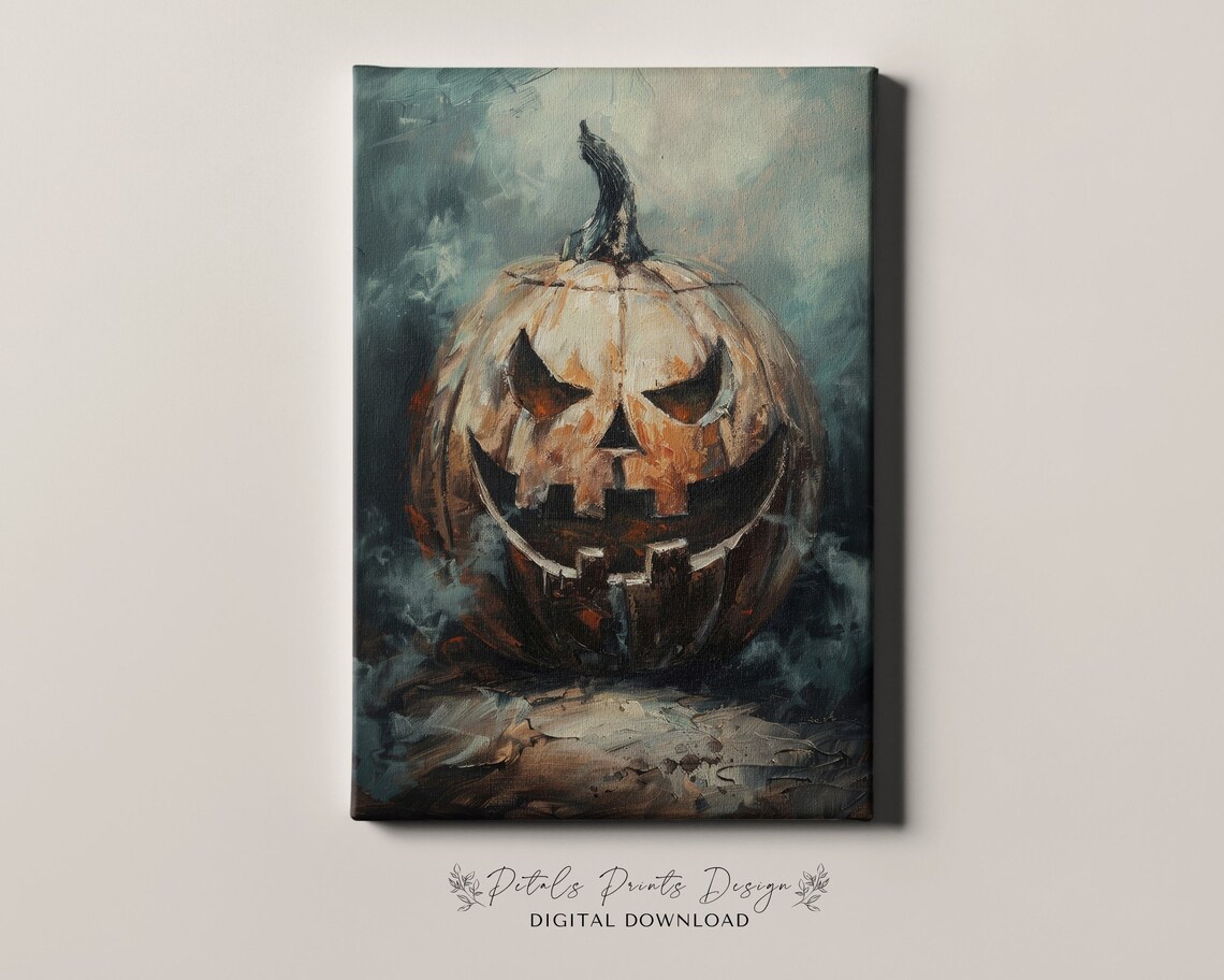 Pale Carved Jack O Lantern Spooky Vintage Halloween Art Print - Image 4