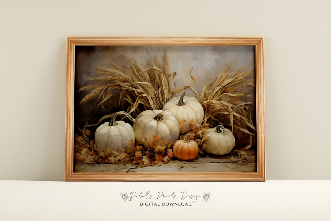 Vintage Pumpkin Still Life Painting Rustic Autumn Wall Art