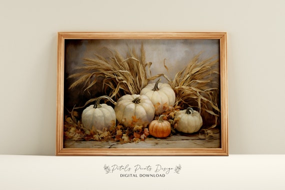 Vintage Pumpkin Still Life Painting Rustic Autumn Wall Art
