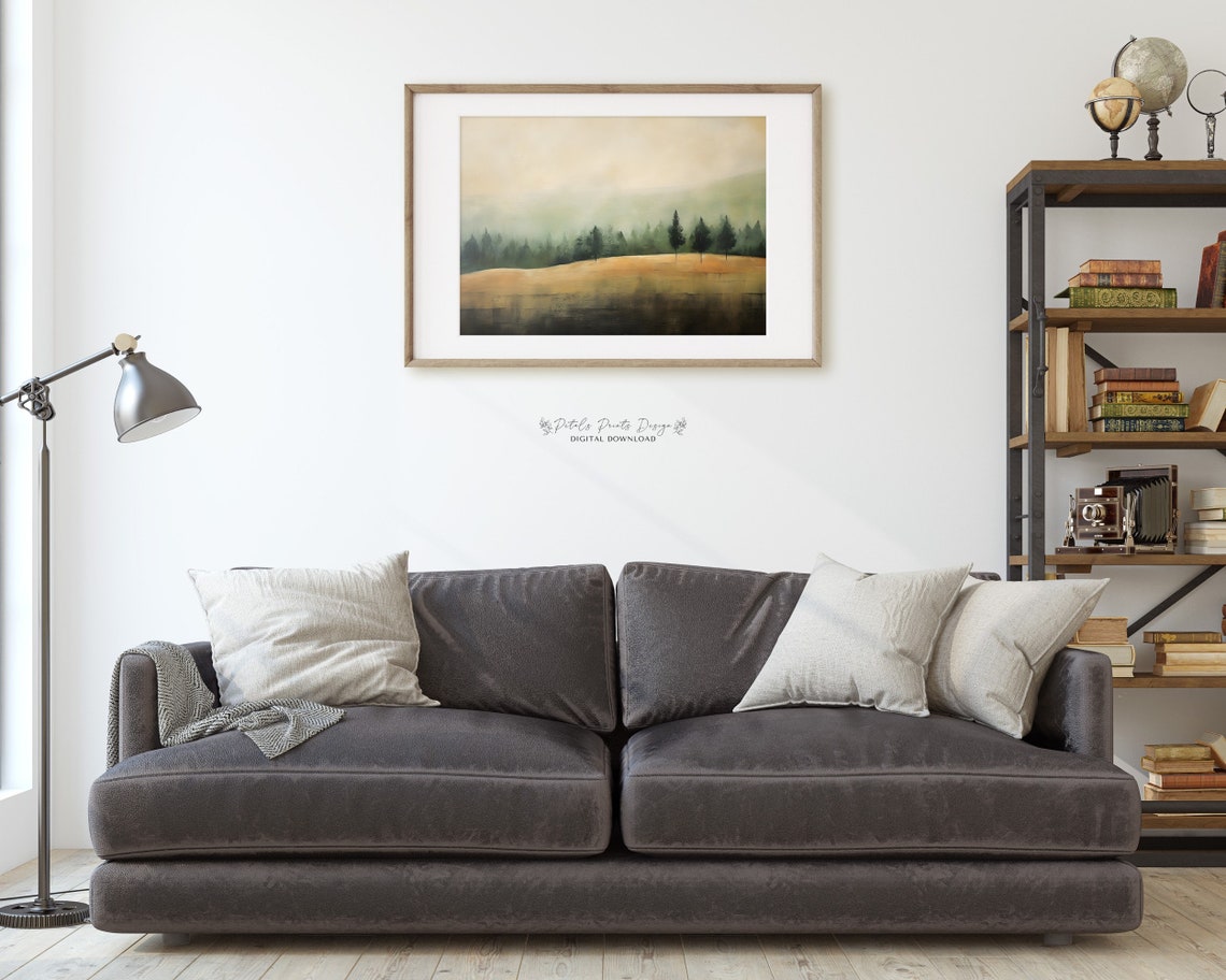 Misty Evergreen Pines Golden Field Minimalist Foggy Landscape Poster - Image 2