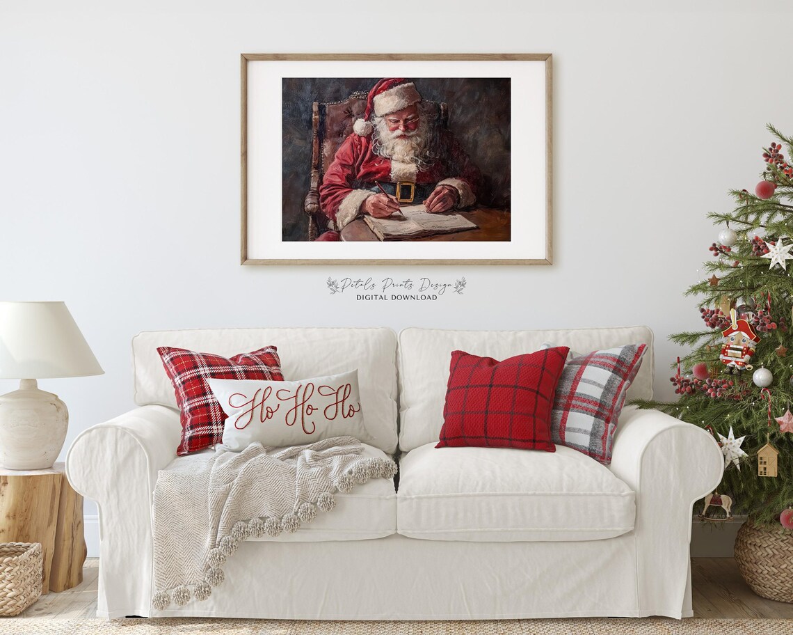 Santa Checking Naughty Nice List Vintage Oil Painting Christmas Poster - Image 3