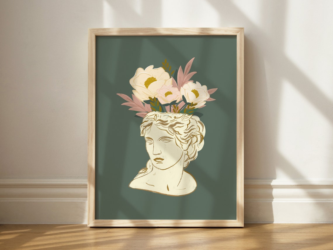 Grecian Bust Planter Floral Art Classical Marble Statue Blossom Poster