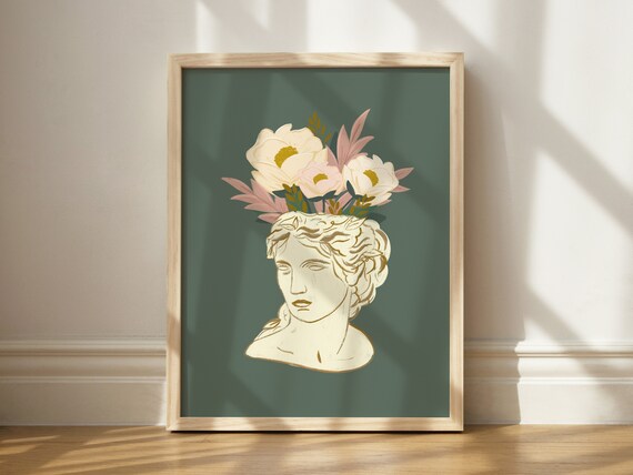 Grecian Bust Planter Floral Art Classical Marble Statue Blossom Poster