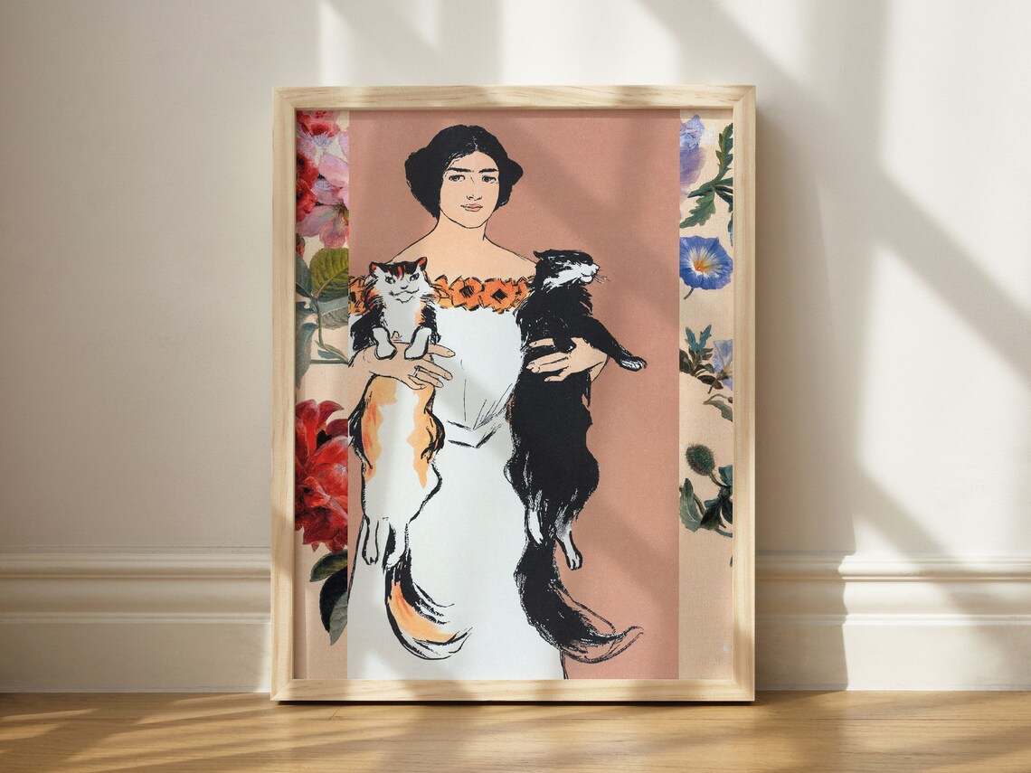 Vintage Cat Lady Holding Two Cats Art Nouveau Floral Border Art Poster