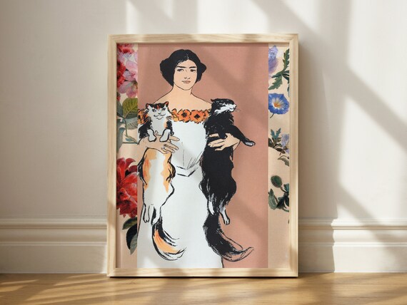 Vintage Cat Lady Holding Two Cats Art Nouveau Floral Border Art Poster