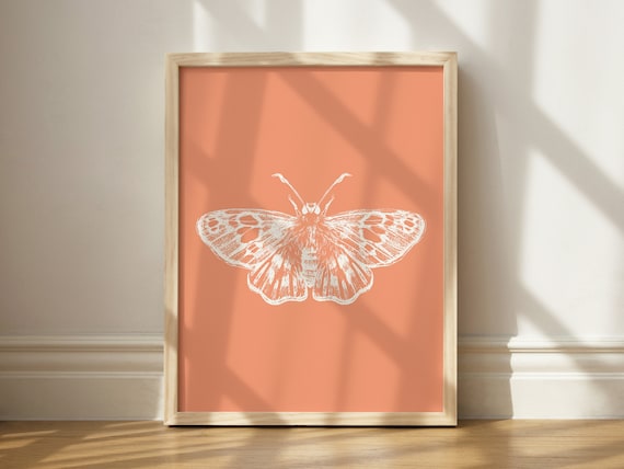 Moth Print Orange Wall Art Witch Boho Bedroom Unique Dorm Bug Entomology Decor Lover