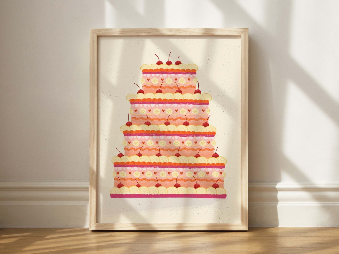 Pink Cherry Cake Tiered Illustration Bakery Kitchen Wall Poster