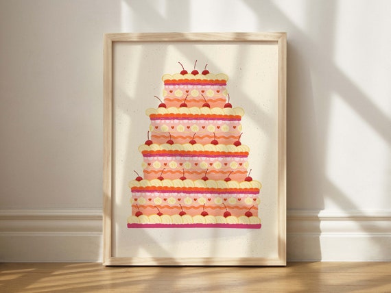 Cake Print Illustrated Wall Art Fancy Decor Bakery Fun Kitchen Quirky Gallery Orange And Pink