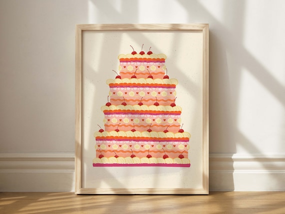 Pink Cherry Cake Tiered Illustration Bakery Kitchen Wall Poster
