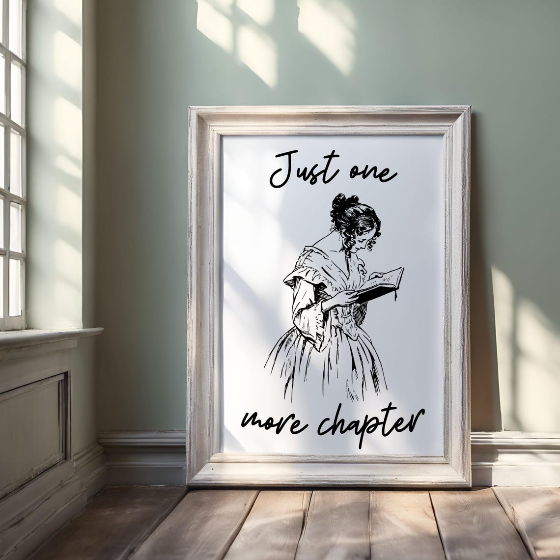 Just One More Chapter Reading Poster with Vintage Woman Reader Sketch