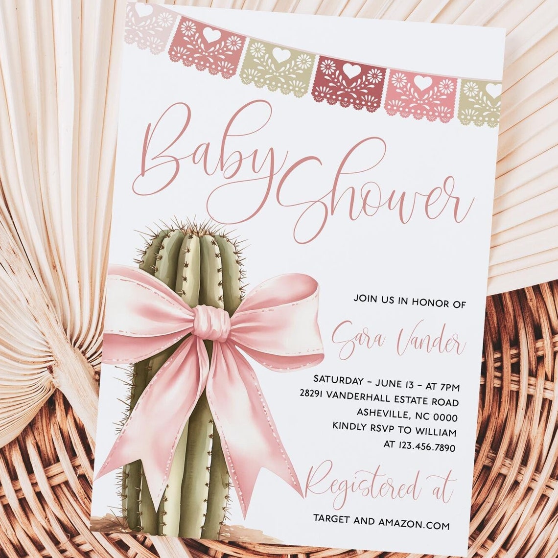 Editable Cactus Pink Bow Baby Shower Invitation Template Print