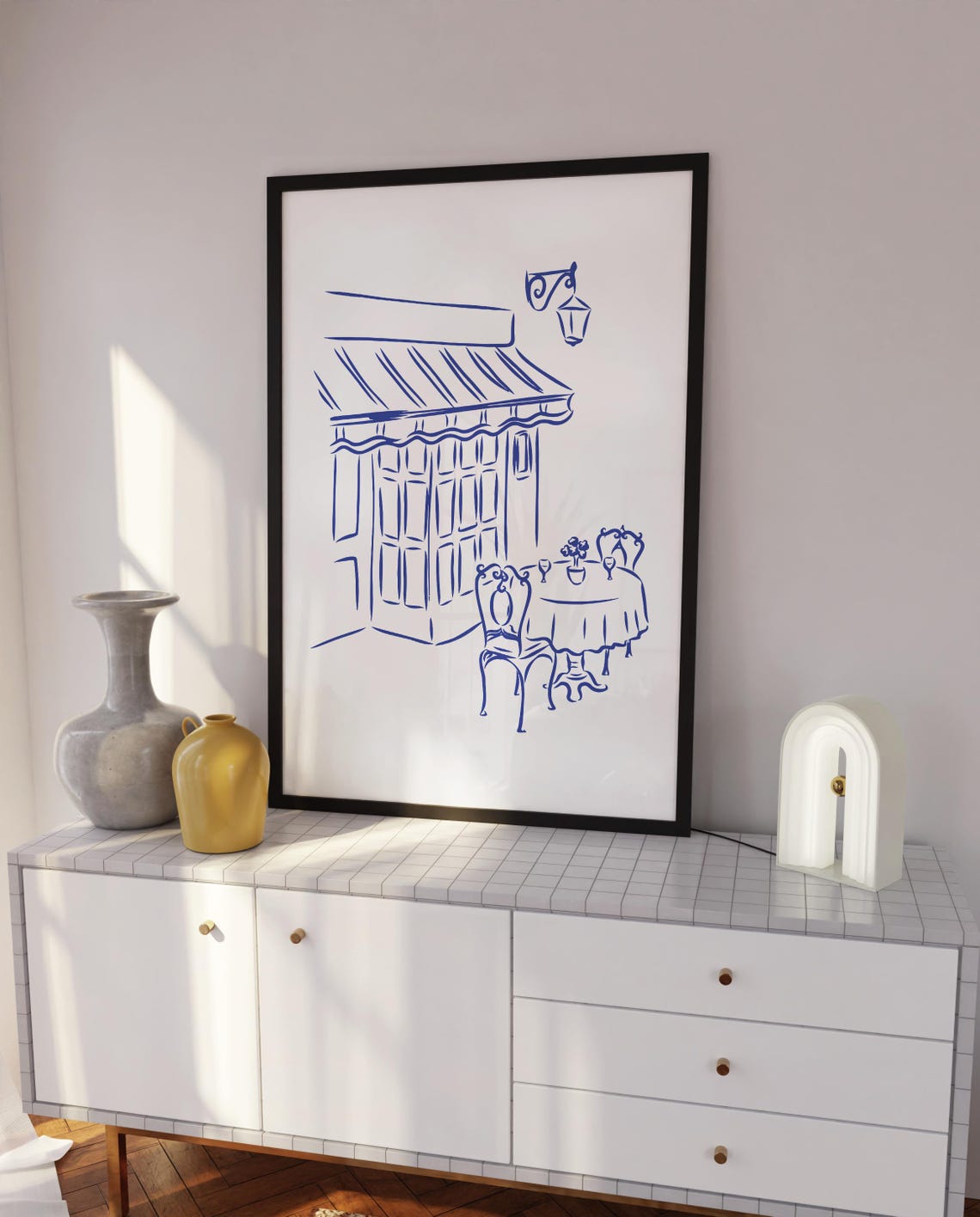 French Bistro Cafe Storefront Blue Line Sketch Kitchen Wall Poster - Image 5