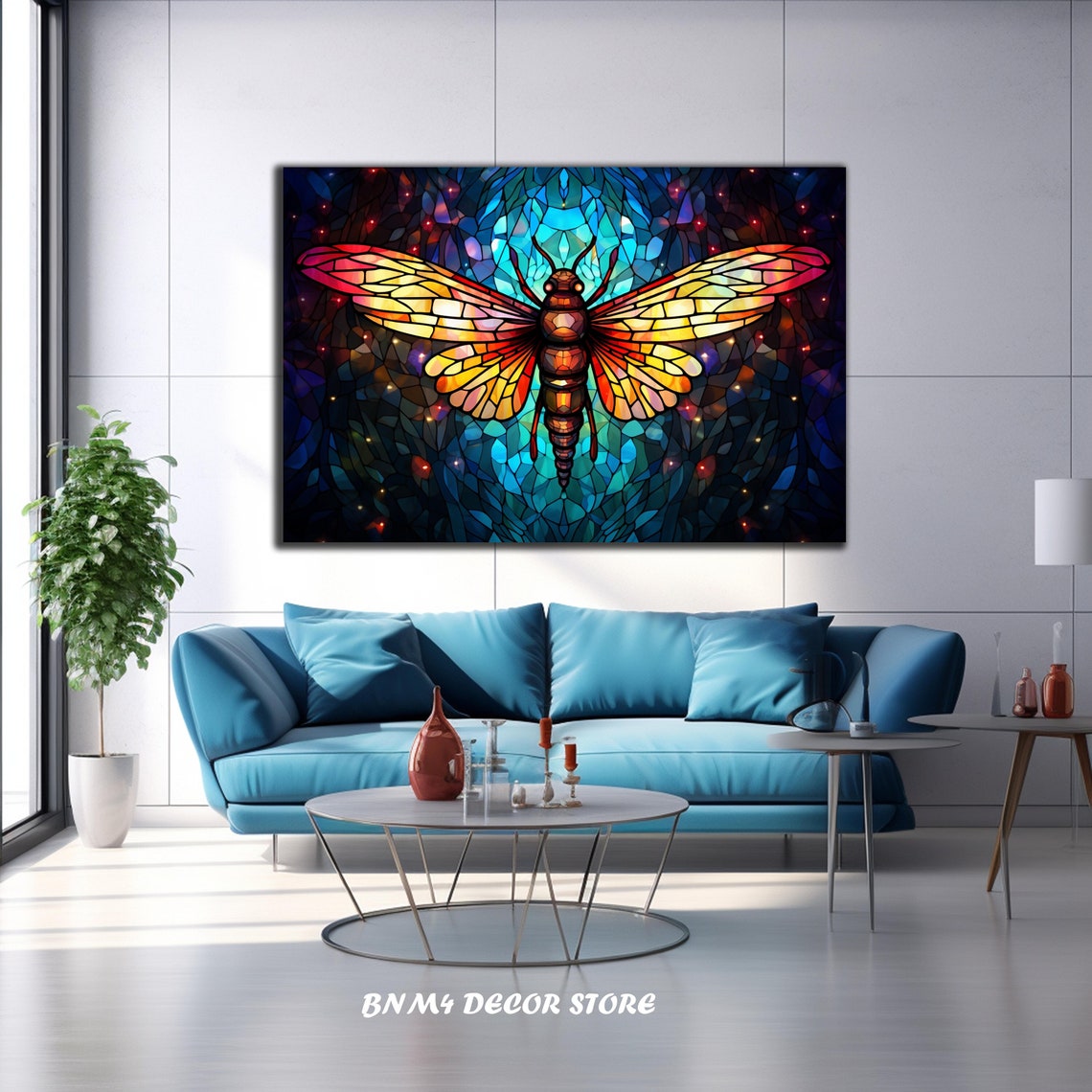 Stained Glass Dragonfly Sunset Orange Wings On Deep Blue Mosaic Poster