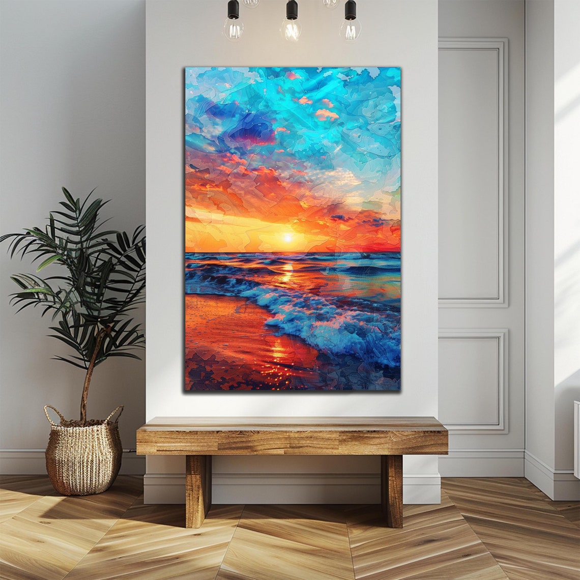 Abstract Ocean Sunset Fiery Orange Waves Turquoise Sky Painting Poster