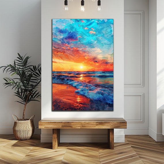 Abstract Ocean Sunset Fiery Orange Waves Turquoise Sky Painting Poster