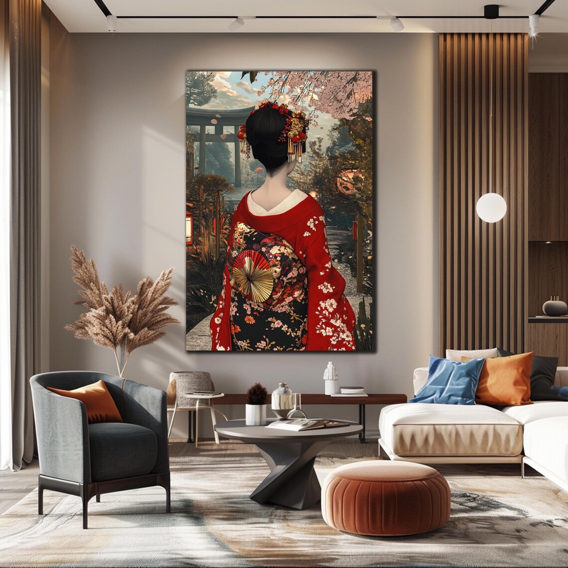 Japanese Geisha Red Floral Kimono Cherry Blossom Temple View Poster
