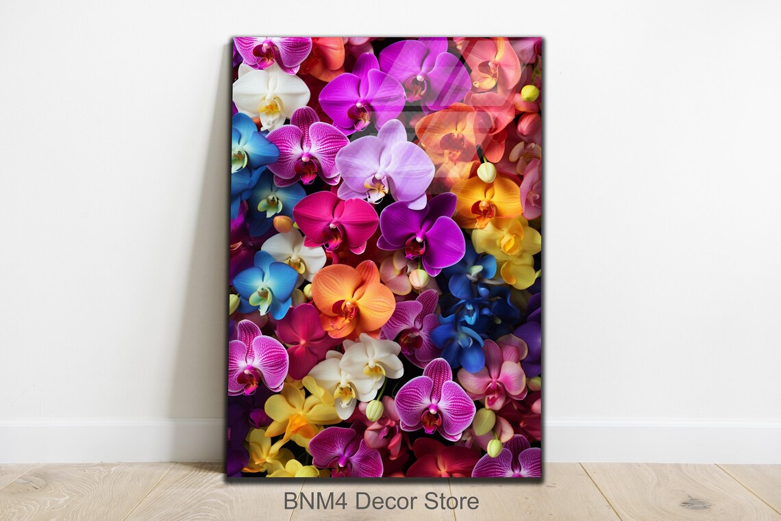 Multicolor Orchid Flower Wall Purple Blue Orange Bloom Glass Wall Art