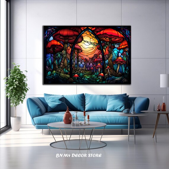 Stained Glass Magic Mushroom Forest Psychedelic Red Mushroom Poster
