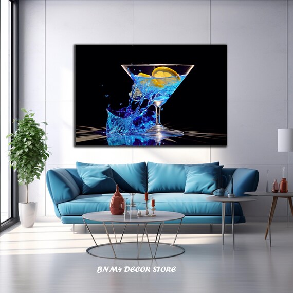 Blue Cocktail Martini Lemon Splash Black Background Bar Art Poster