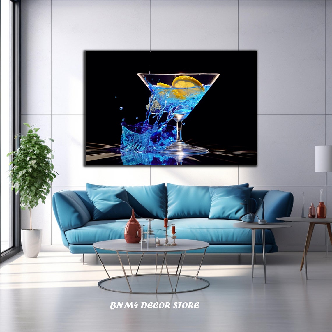 Blue Cocktail Martini Lemon Splash Black Background Bar Art Poster