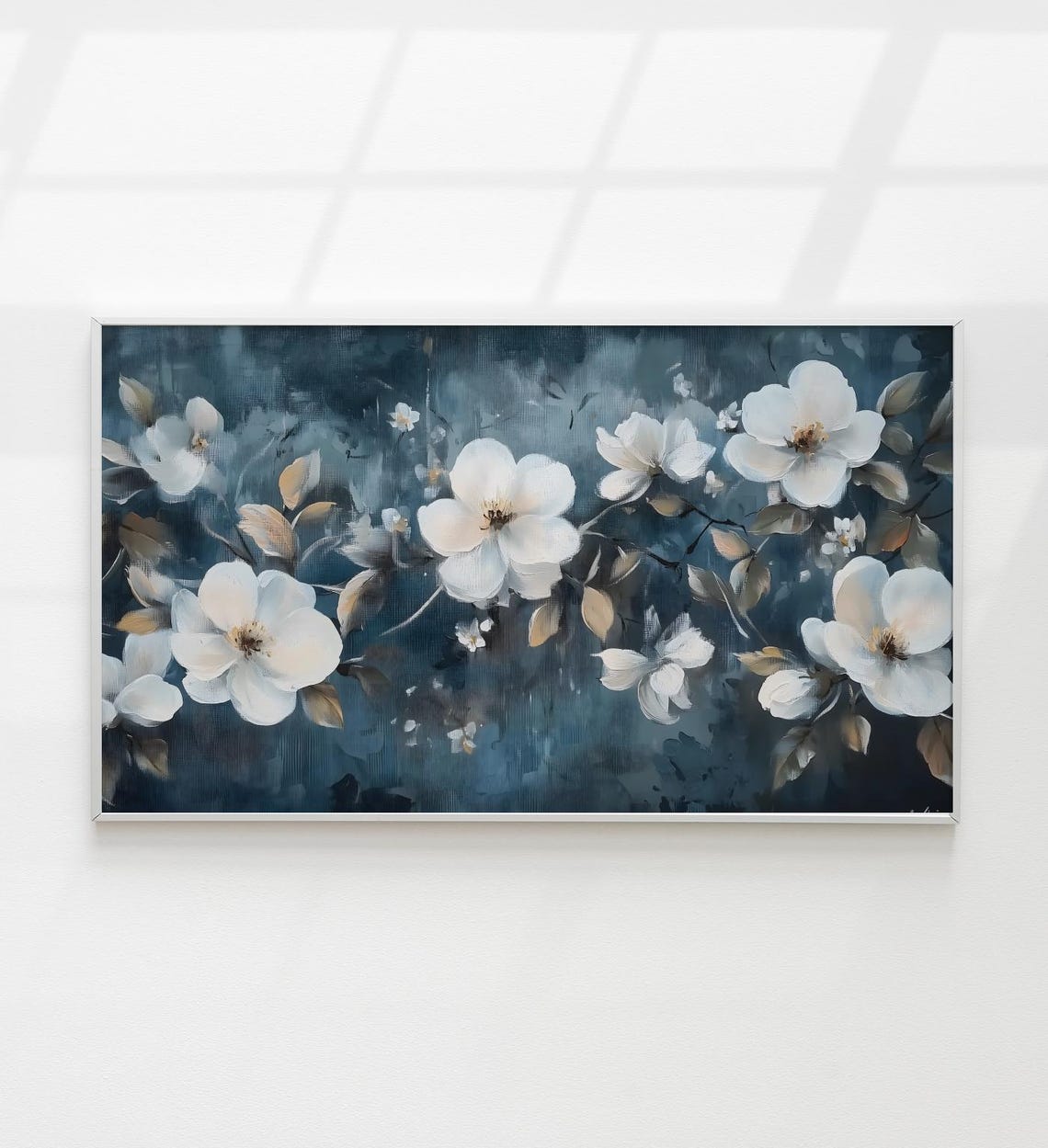 White Blossoms Midnight Navy Blue Moody Botanical Painting Poster