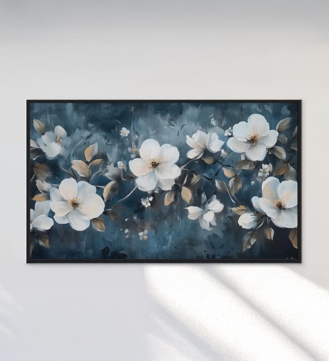 White Blossoms Midnight Navy Blue Moody Botanical Painting Poster - Image 3