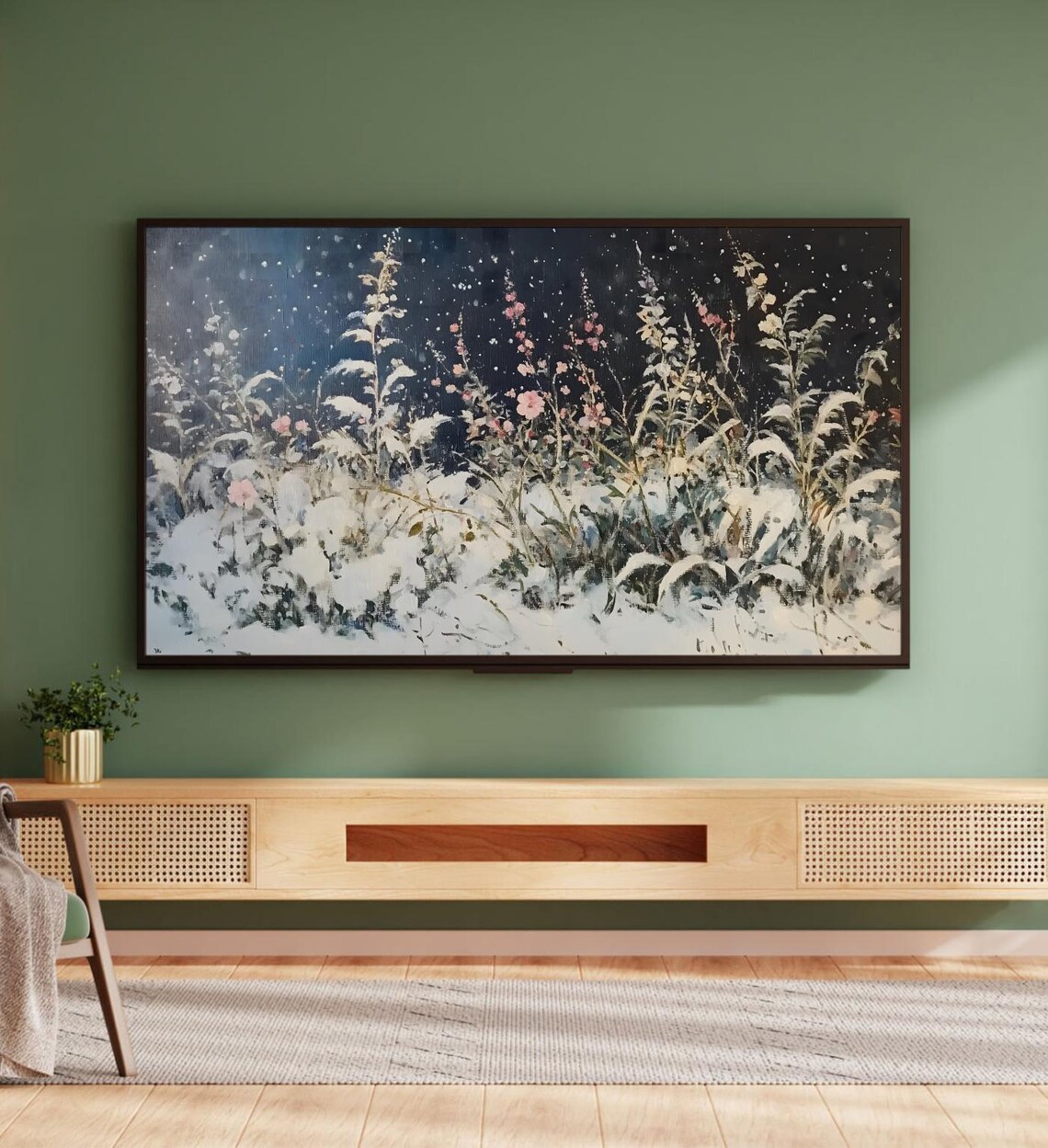 Moody Winter Garden Snow Night Pink Blooms Dark Floral Art Poster - Image 5
