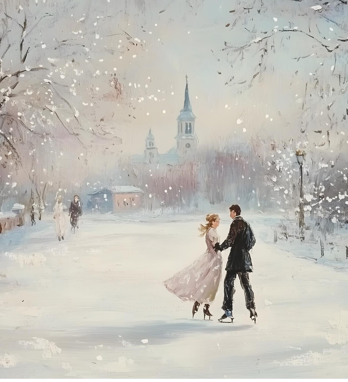Vintage Couple Ice Skating Snowy Winter Park Scene Painting Poster - Image 6