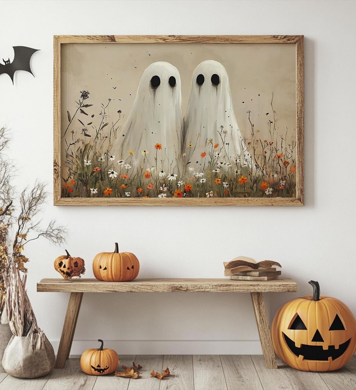 Vintage Cute Ghosts In Wildflower Meadow Print Moody Ghosts Autumn Decor Spooky Halloween Fall Painting Wall Art - Image 6