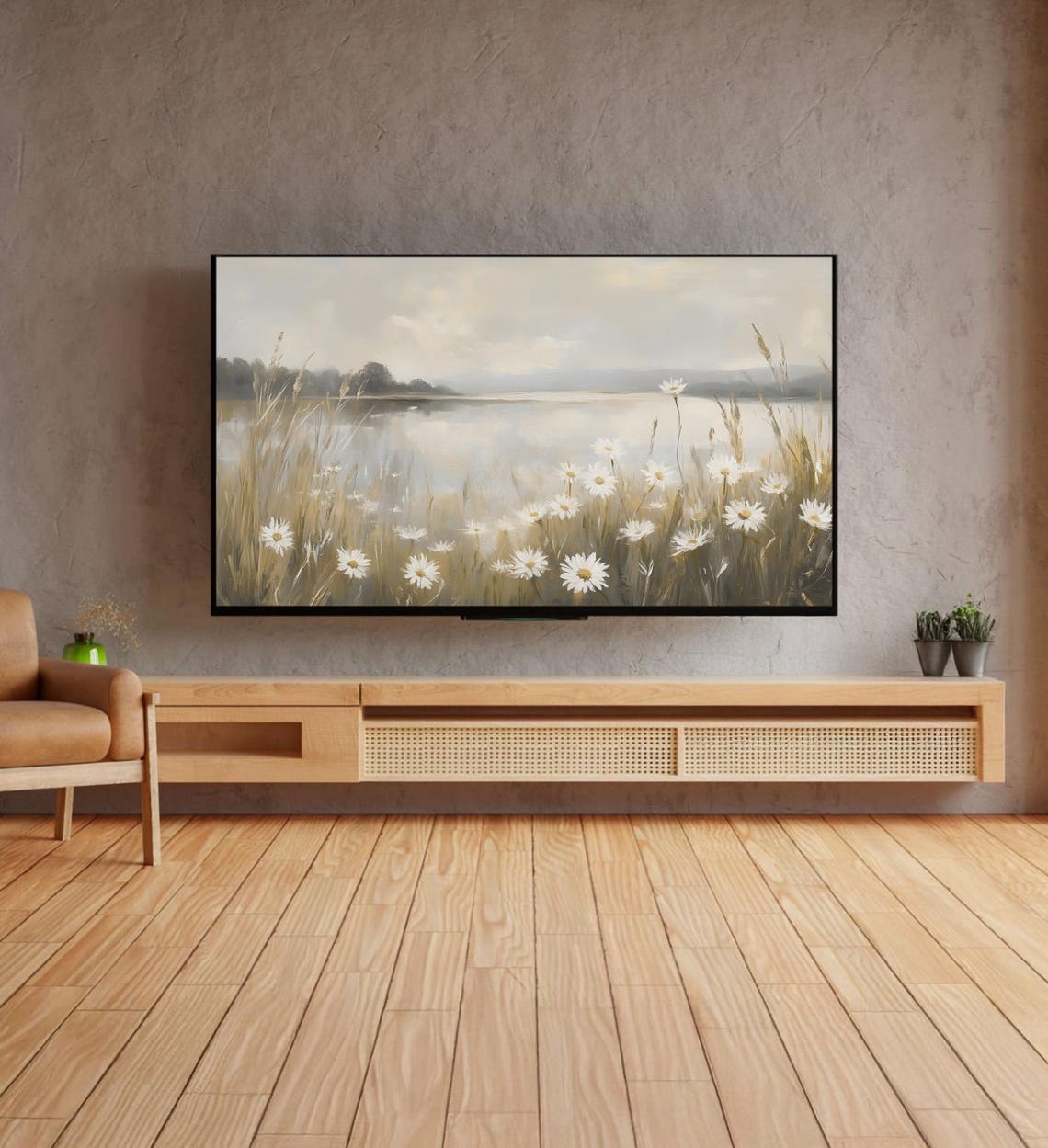 White Daisies By Misty Lake Morning Meadow Panoramic Floral Art Poster - Image 4