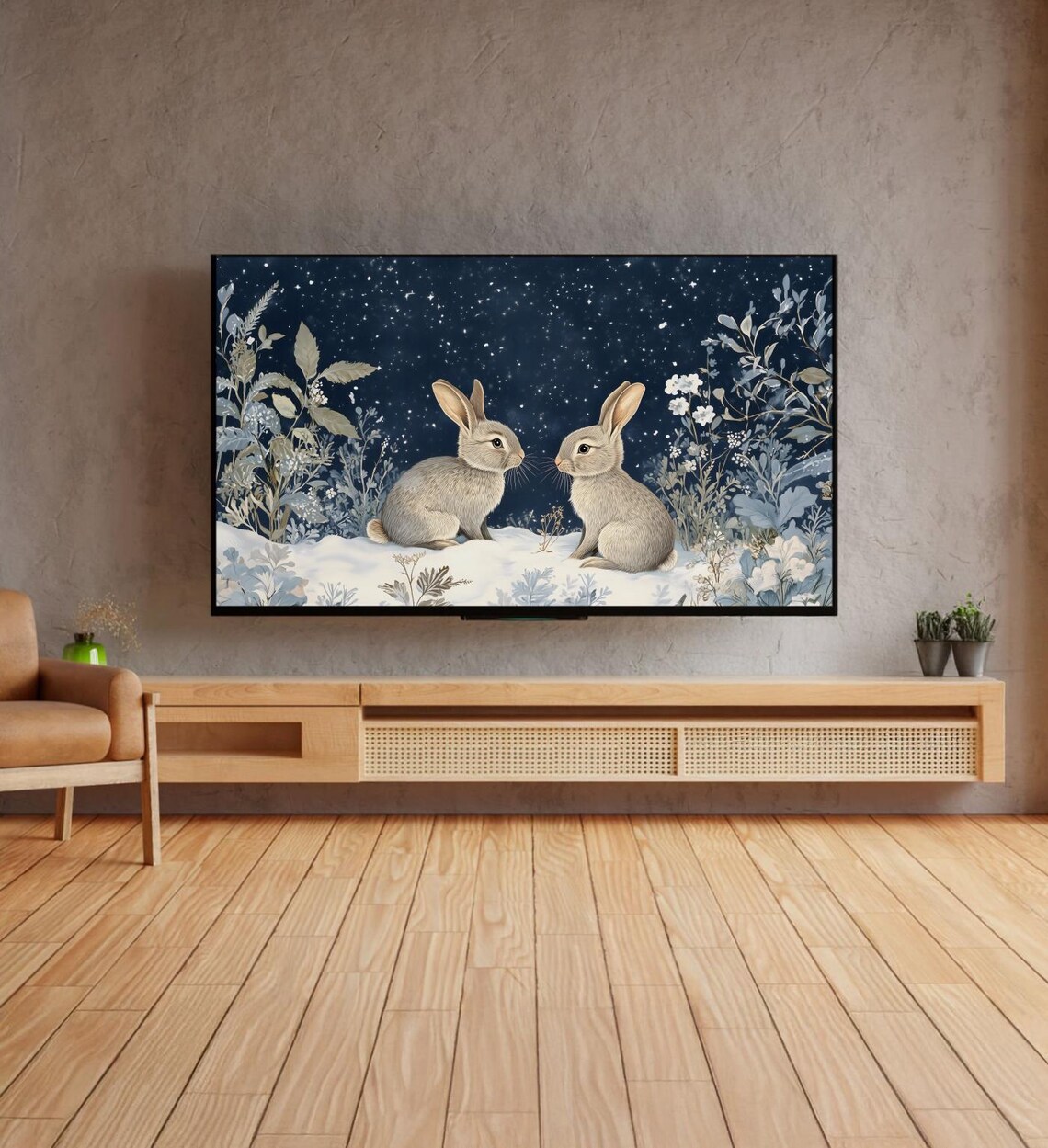 Two Rabbits Winter Night Starry Snow Sweet Bunny Painting Art Poster - Image 4
