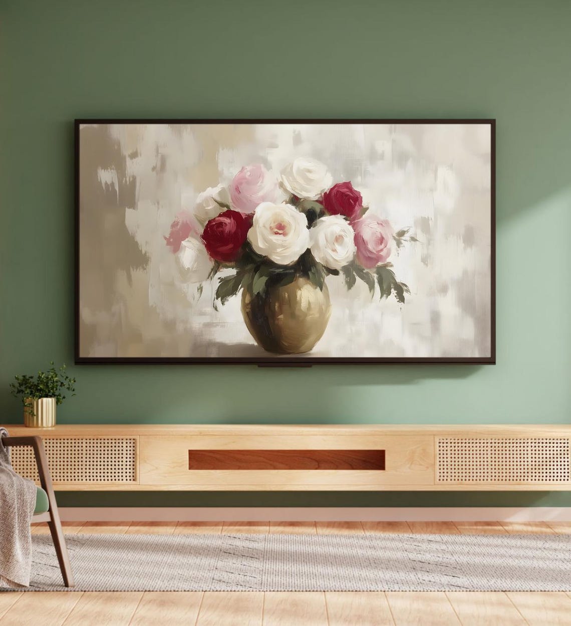 Red Pink White Roses Gold Vase Impressionistic Floral Art Poster - Image 5