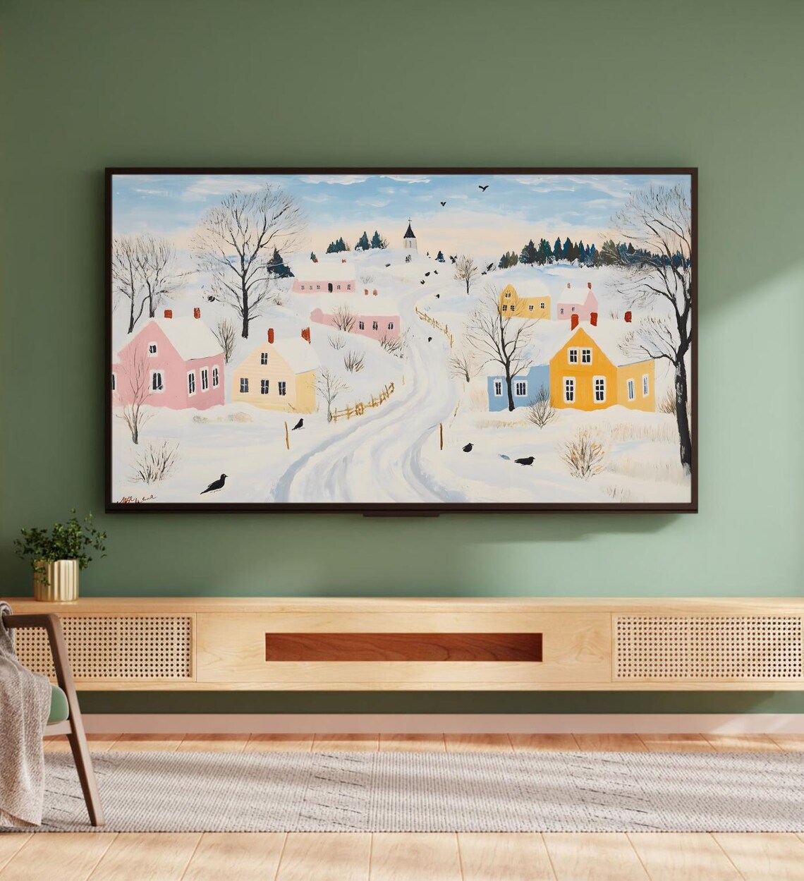 Snowy Village Winter Folk Art Naive Colorful Houses Church Art Poster - Image 5