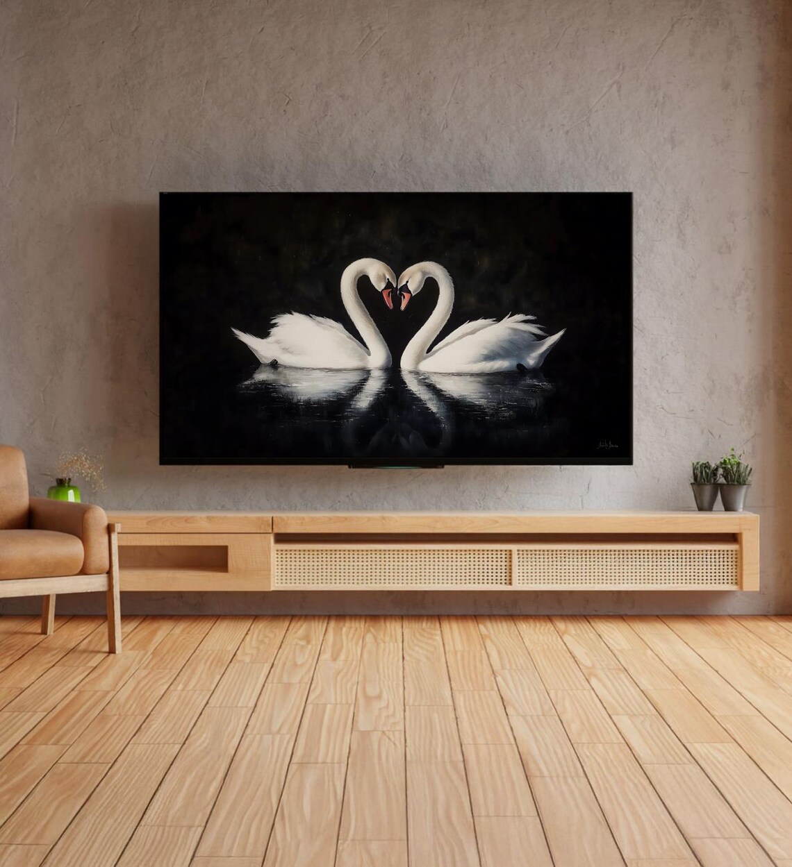 Two White Swans Heart Shape Dark Moody Black Lake Painting Poster - Image 4