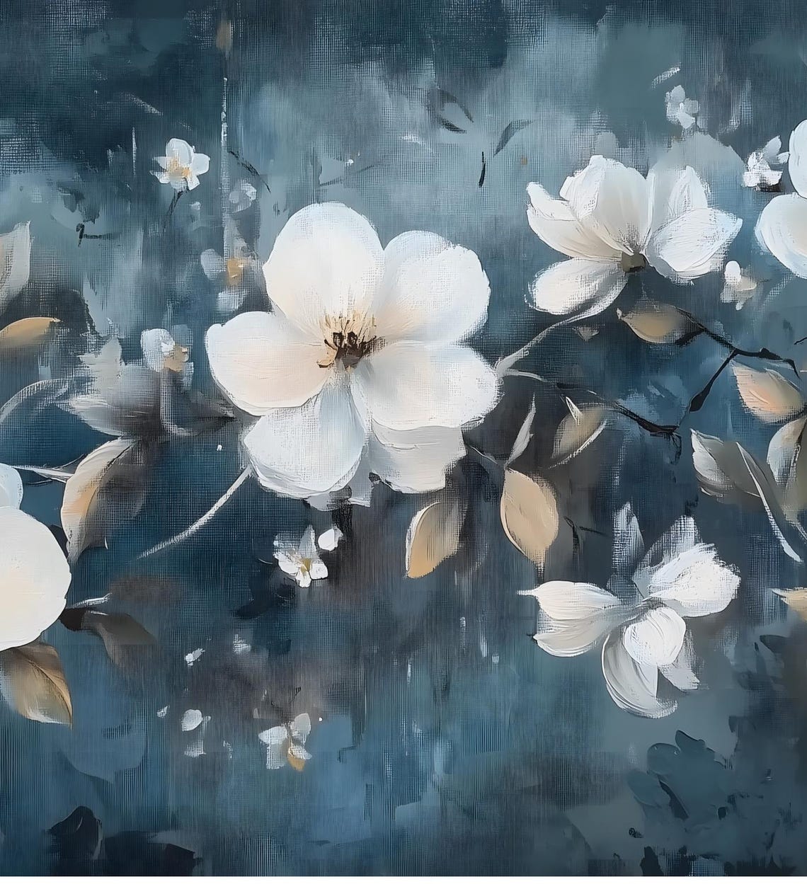 White Blossoms Midnight Navy Blue Moody Botanical Painting Poster - Image 6