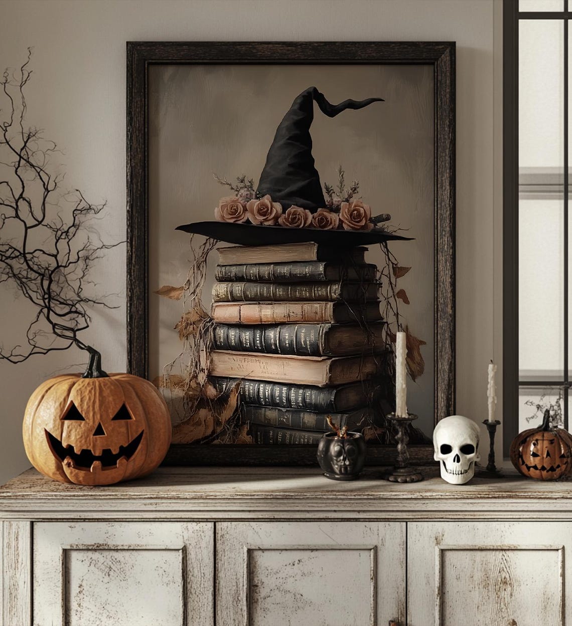 Witch Hat With Roses On Stack Of Vintage Spell Books Halloween Print - Image 4